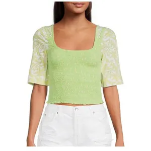 Free People Marigold Smocked Crop Top Key‎ Lime Green SS Size Large NWT thumbnail 11