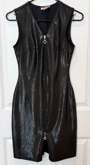 VTG Cache Y2K Zip Front Bodycon‎ Dress Small Black Rave Party Cyber Goth thumbnail 1