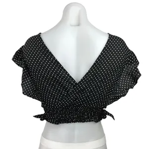 Free People Black White Polka Dots Ruffle Flutter Sleeve V Neck Cropped Top Sz S thumbnail 2