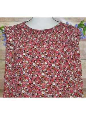 KNOX ROSE Women’s Peasant Blouse Top Size XXL Pink Floral Smocked Shabby Chic thumbnail 2