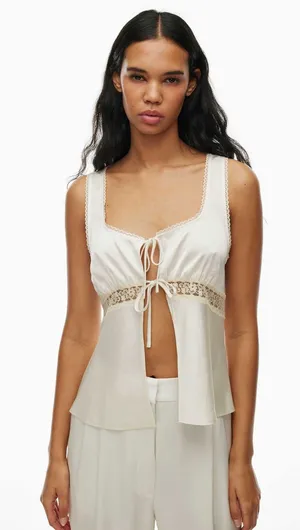 Aritzia Wilfred Picnic Satin Babydoll Camisole Ivory Lace Tie Front 2XS thumbnail 1