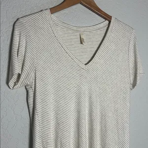 Elan Cream Striped V Neck Short Sleeve Tee Double Layer Soft Asymmetrical Top thumbnail 2