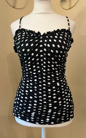 Venus Black White Polka Dot Ruched Sweetheart Ruffle Neckline Cami Tank Small thumbnail 1