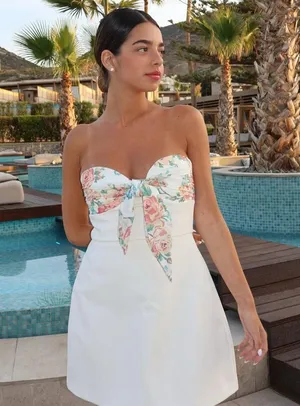 ZARA Floral White Strapless Dress thumbnail 3