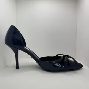 Prada Vintage 2000s Navy Patent Leather Bow D’Orsay Heels Italy 38 New with Box thumbnail 13