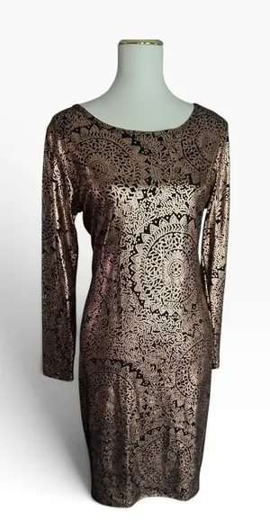 LuLaRoe Debbie Elegant Dress L Black Copper Metallic Cocktail Sheath NWT thumbnail 1