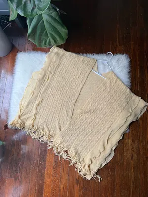 Butter Yellow Knit Poncho with Fringe Hemline thumbnail 5