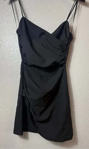 Zara Black Draped Cutout Mini Dress Ruched‎ Spaghetti Strap XS thumbnail 1