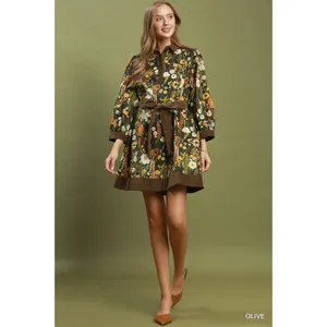 Umgee Floral Print Belted Puff Sleeve Mini Dress - Olive - Small thumbnail 4