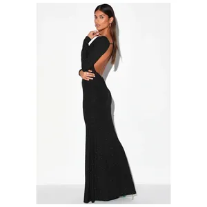 NWT Lulus Glamorous in Glitter Black Long Sleeve Backless Maxi Dress Gala Sz XS thumbnail 2