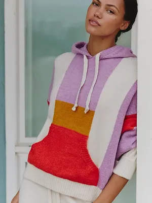 Anthropologie Daily Practice Purple White Orange Color Block Huddle Up Hoodie thumbnail 1