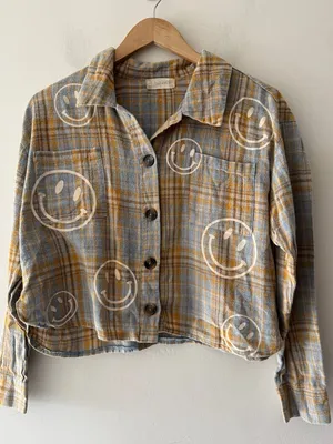 Altar’d State Plaid Crop Button Down Smiley‎ Face Top thumbnail 1