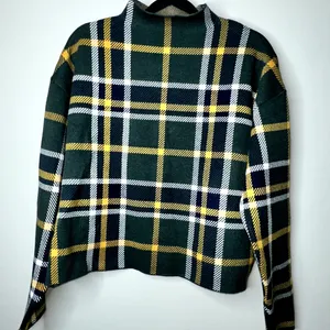 Tahari Womens Size XL Green Yellow Plaid Long Sleeve Mock Neck Sweater thumbnail 1