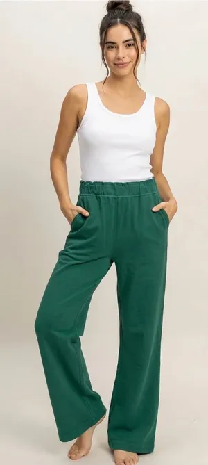 NEW Double Zero Pine Green 100% Cotton Wide Leg Flare Pants – Large thumbnail 1