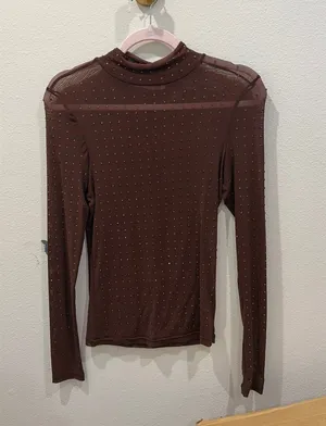 BKE Women’s Sheer Buckle Brown Copper Mesh Long Sleeve Top Small thumbnail 1