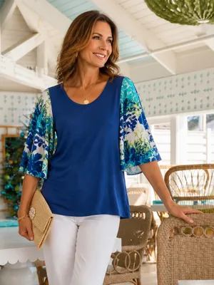 Chico's Spring Paradise Flowy Sleeve Top 20 22 4 Navy Peony Floral NWT thumbnail 1