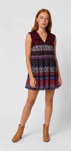 Sleeveless Embroidered Patterned Mini Dress - Red & Black thumbnail 1