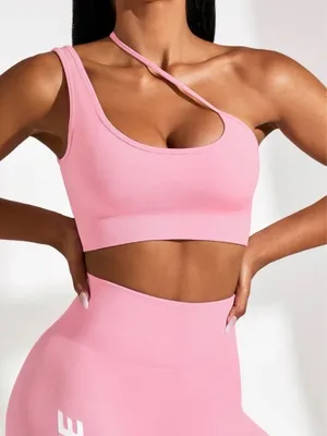 Bo + Tee Seamless Asymmetrical Bubble Gum Pink Sports Bra Size Small thumbnail 1