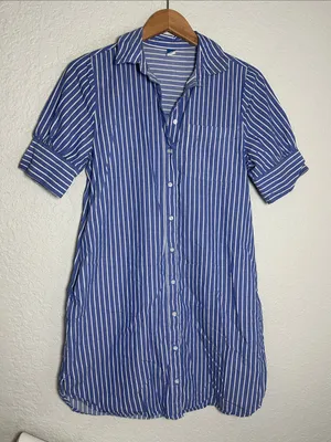 Old Navy Blue White Striped Button Front Shirt Dress Preppy Coastal Nautical thumbnail 1