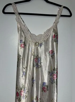 Vintage Floral Satin Slip Nightgown Lingerie Cottagecore pearl dangle midi dress thumbnail 7