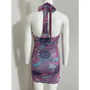 Edikted Women Pink Blue Paisley Mesh Halter Neck Cut Out Ruched Mini Dress Y2K S thumbnail 6