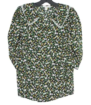 H by Halston Top Ditsy Floral Peter Pan Collar Lace Trim Cottage Button Black Medium thumbnail 1