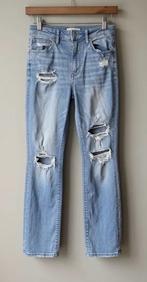 Y2K American Eagle Super High Rise Flare Jeans Distressed Raw Hem thumbnail 1