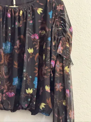 Free People Black Wildflower Floral Print Mesh Blouse Shirt Size S oversized thumbnail 3