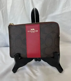 Coach Corner Zip Wristlet in Brown Red Signature Canvas NWT thumbnail 1