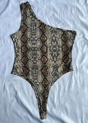 Snakeprint One Shoulder Tank Bodysuit Large Tan thumbnail 1