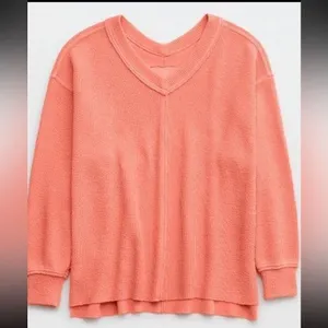 Aerie Wonder Textured V Neck Oversized Sweatshirt Saturn Peach Top Coral Orange thumbnail 2