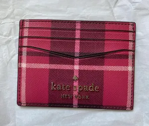 Kate Spade Staci Plaid Small Slim Card Holder wallet red leather thumbnail 1