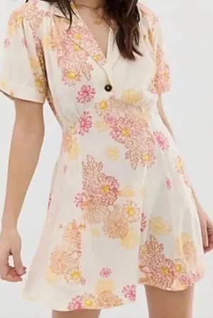 Free People Cream Dress with Pink and Yellow Floral Print EUC thumbnail 1