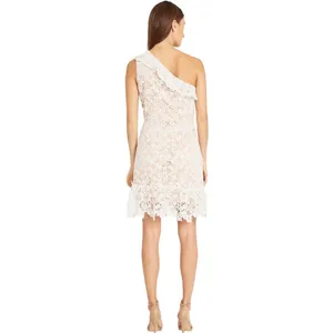 Donna Morgan White Floral Crochet Tan Lined One Shoulder Ruffle Mini Dress Sz 8 thumbnail 13