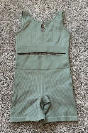 Ribbed High-Waist Athletic Shorts and Crop Tank in Sage Green thumbnail 1