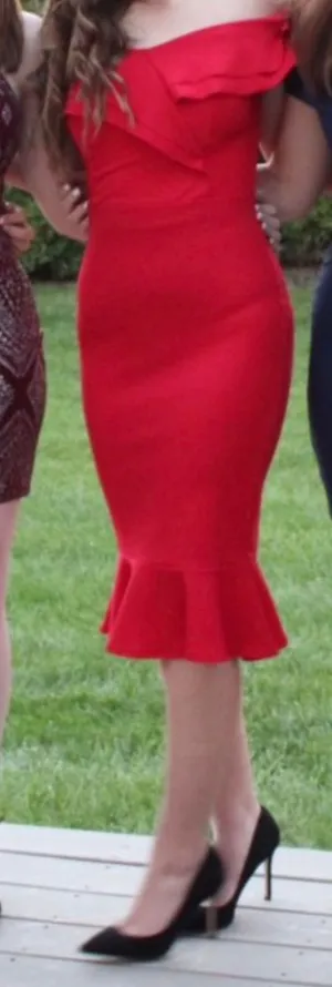 Quiz Off the shoulder red body con midi dress thumbnail 1
