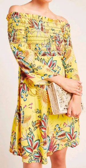 Farm Rio Bria Smocked Dress Anthropologie Size S Petite Yellow Tropical Floral thumbnail 1