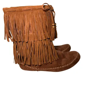 Mossimo Brown Suede Leather Fringe Moccasin Boots Womens 9 Faux Fur Lined Boho thumbnail 4