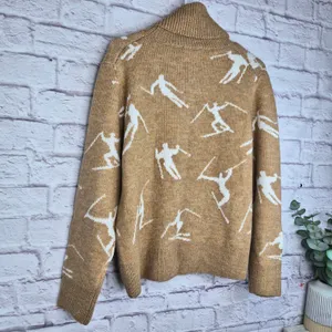 CeCe Ski Sweater Womens Small Camel Tan Turtleneck Skier Graphic Knit Apres Cozy thumbnail 5