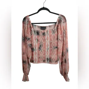 Anthropologie Smocked Crop Top Long Sleeve Sheer Sleeve Blouse Pink Print Size S thumbnail 3