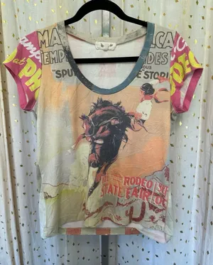 For Keeps Women's Saddle Bronco Novelty Mixed Print Scoop Neck T-Shirt M thumbnail 1