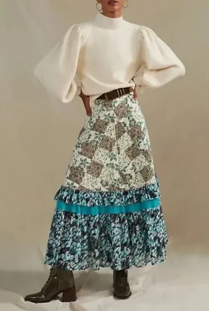 Blue Cream Patchwork Maxi Skirt thumbnail 1