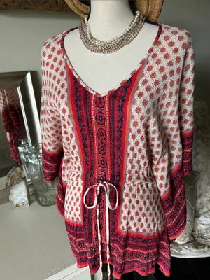 Angie cream, red floral, Boho V-neck, oversized festival tunic blouse M thumbnail 2