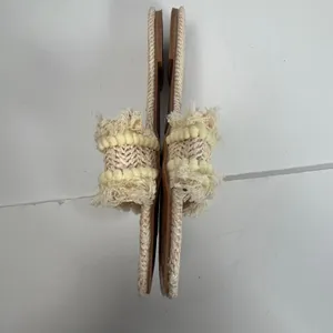 Woven Straw Slide Sandals Beige Fringe Pom Pom Trim‎ Flat Beach Size 10 thumbnail 6