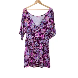 Lilly Pulitzer Hollee Dress Berry Sangria Floral Purple Mini V-Back Womens L thumbnail 4