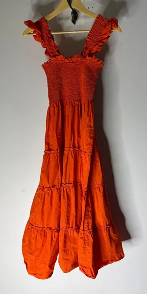 Quince Orange Organic Cotton Smocked Tiered Midi Dress Ruffle Straps Small thumbnail 1