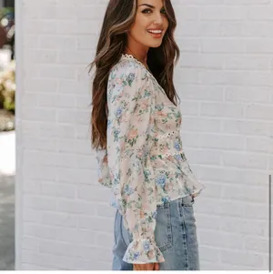 Vici New-Malaia Floral Crochet Peplum Top - Ivory Multi thumbnail 7