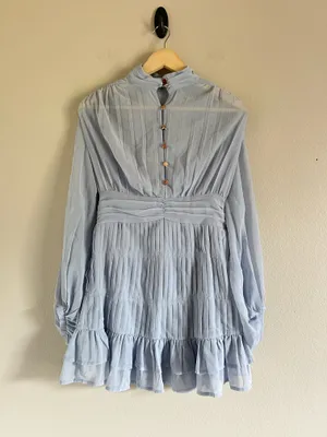 Commense soft blue Pleated Button Long Sleeve Ruffled Mini Dress XS New thumbnail 5