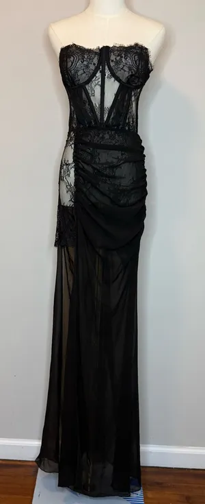 Sheer Black Strapless Lace Evening Gown thumbnail 1
