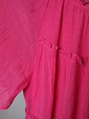 &merci Hot Pink Tiered Midi Dress w/ Short Sleeves Pockets Lined Women's Size L thumbnail 3